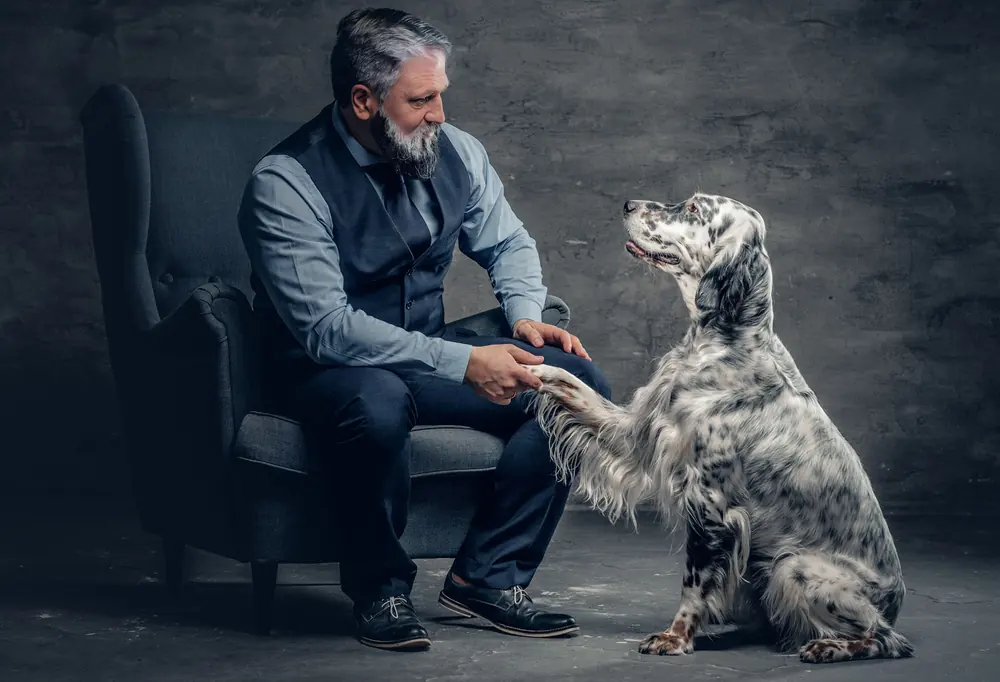 Ein älterer Mann gibt seinem Hund im Sessel die Pfote